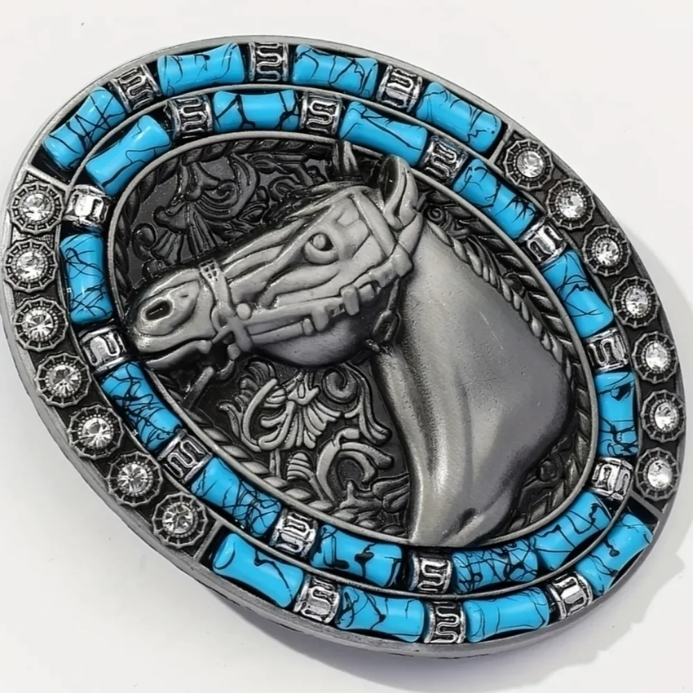 New men's horse cowboy western belt buckle blue beads